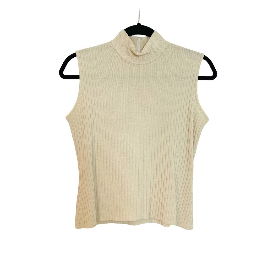 ST. JOHN Ribbed Knit Turtleneck Vest Sweater Sleeveless Cream Women's Size P